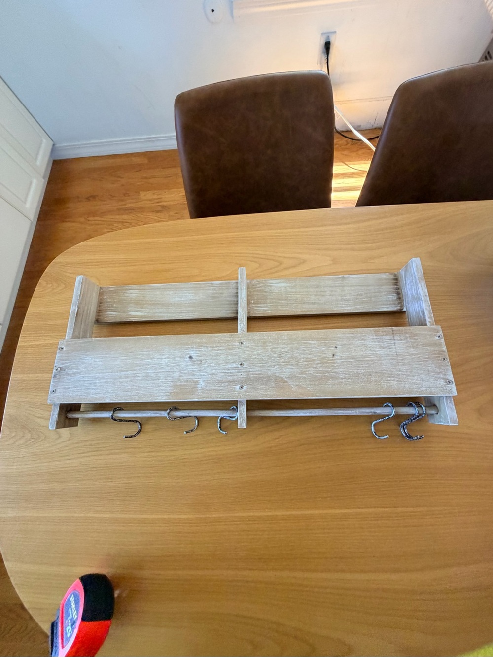 wooden book rack with hooks